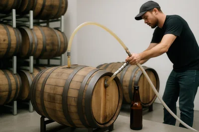 Brewer Transferring Craft Beer From Barrel To Bottle