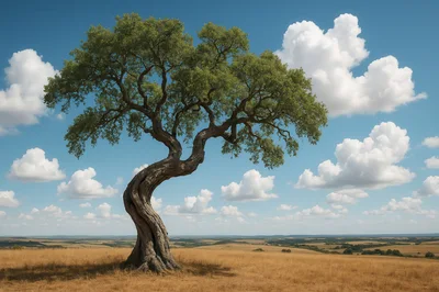 Solitary Twisted Oak Tree In A Golden Meadow