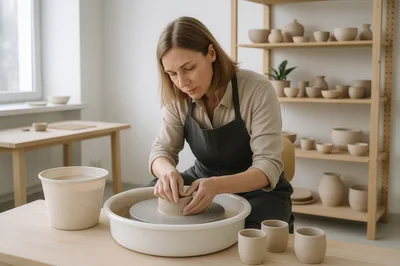 Female Potter Shaping Clay On A Pottery Wheel