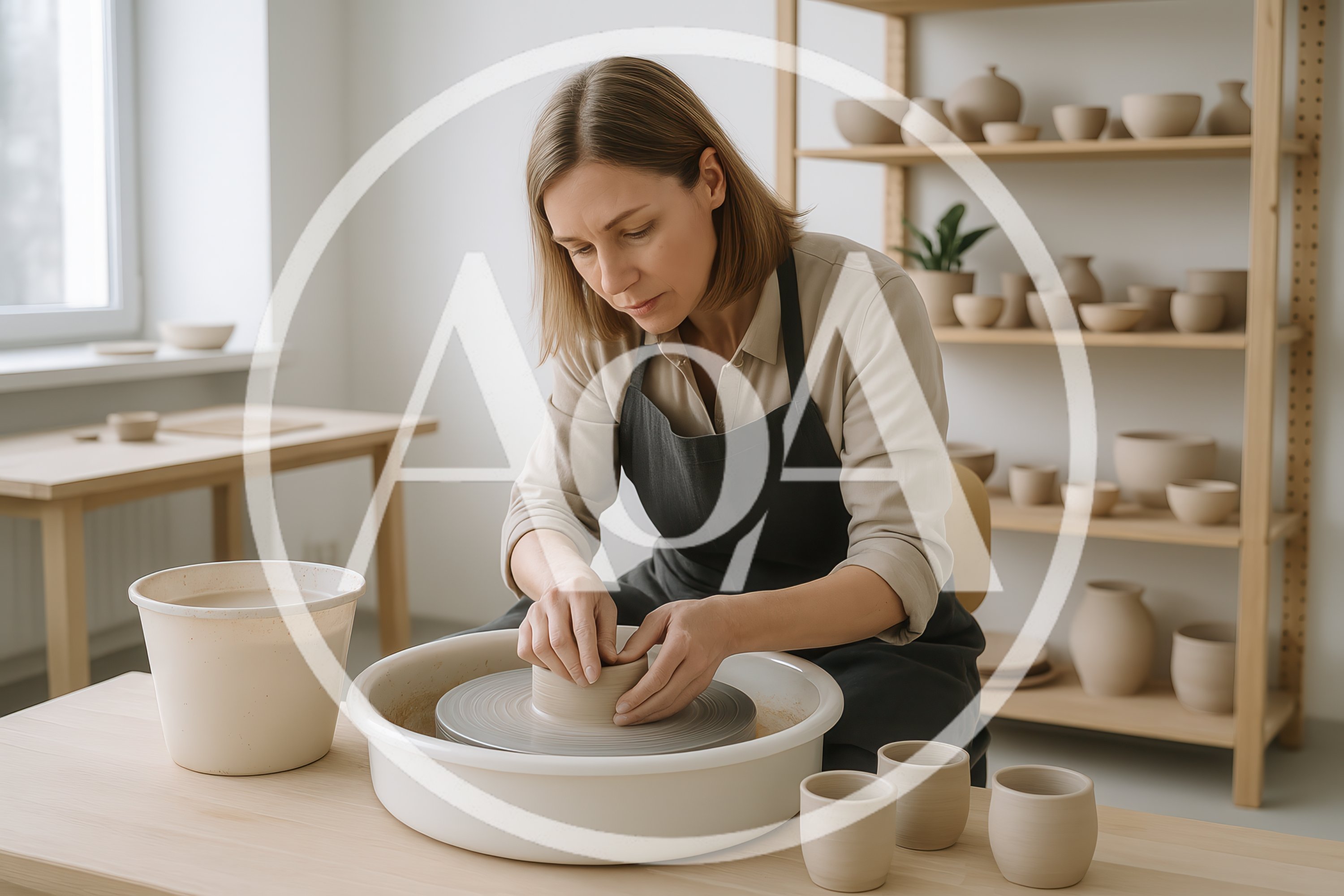 Female Potter Shaping Clay On A Pottery Wheel