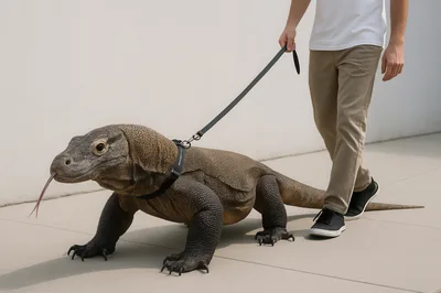 Person Walking A Komodo Dragon On A Leash