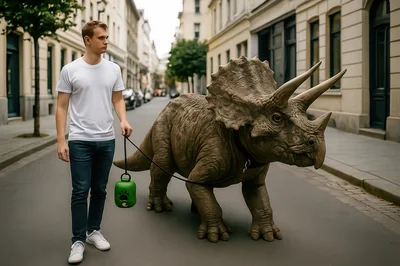 Man Walking A Triceratops Dinosaur On A City Street
