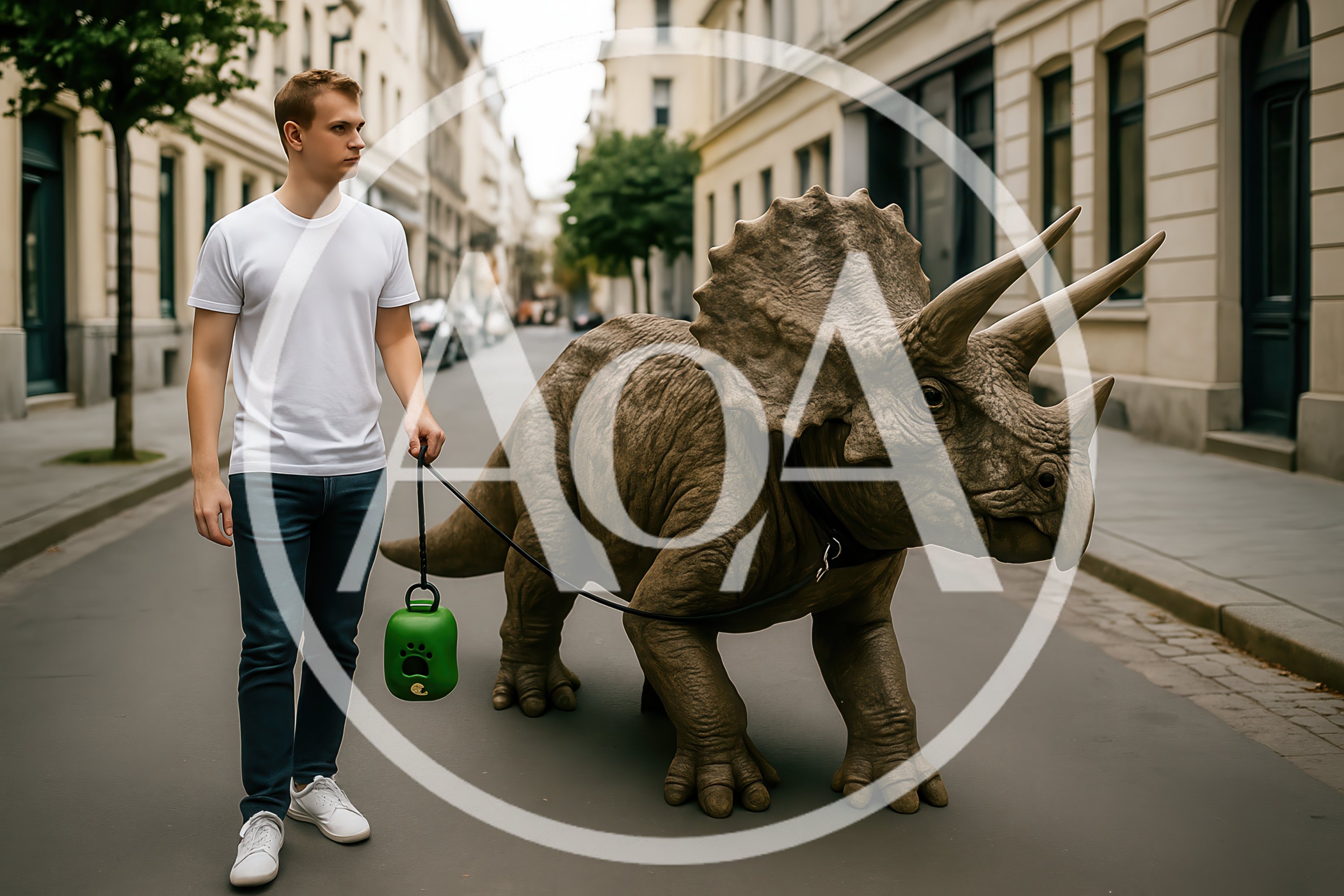 Man Walking A Triceratops Dinosaur On A City Street
