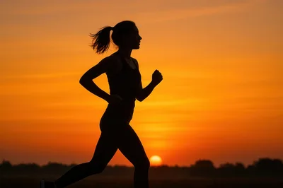 Silhouette Of A Woman Running At Sunset