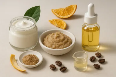 Natural Skincare Ingredients With Cream Scrub And Oil
