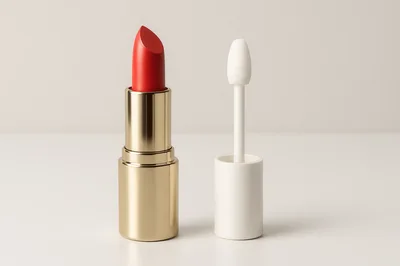 Red Lipstick And White Applicator Wand On White Background