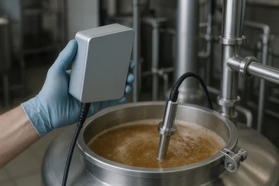 Technician Testing Liquid Quality In Industrial Brewery Tank