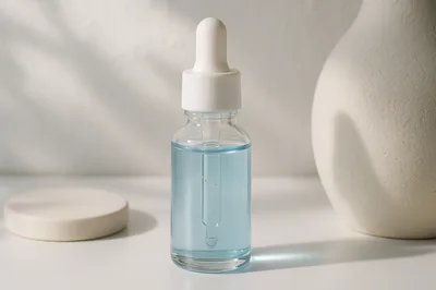 Blue Serum Dropper Bottle on Minimalist Display