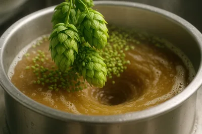 Fresh Green Hops Infusing Into Boiling Beer Wort