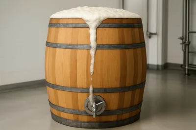 Wooden Beer Barrel Overflowing With White Foam