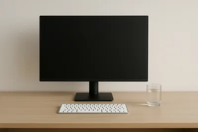 Minimalist Desk Setup With Computer Monitor And Glass
