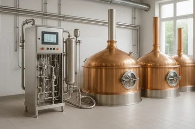 Industrial Copper Brewing Kettles In A Modern Brewery