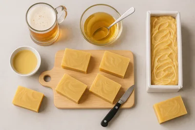 Handmade Beer Soap Bars With Ingredients On A Table