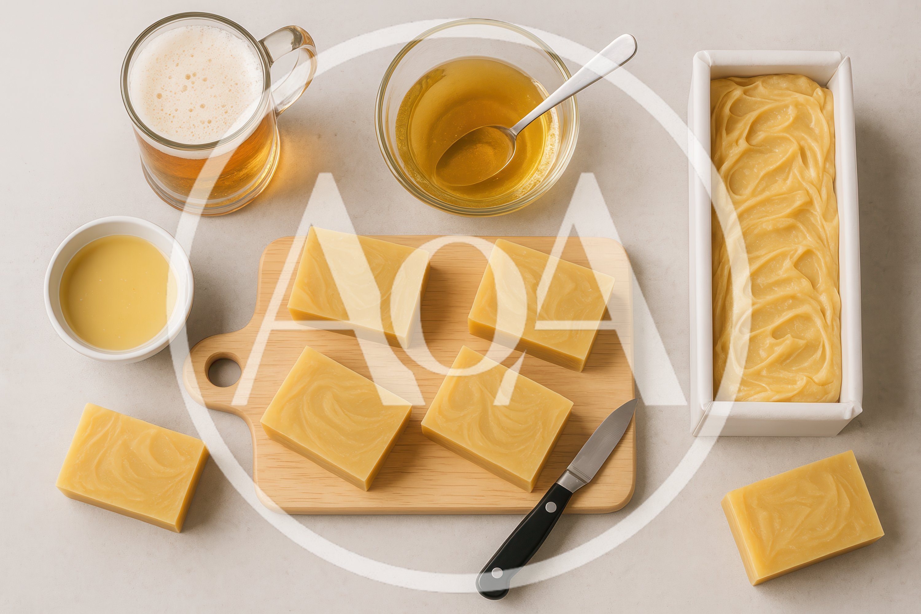 Handmade Beer Soap Bars With Ingredients On A Table
