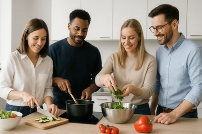 Diverse Friends Cooking Healthy Meal Together In Kitchen