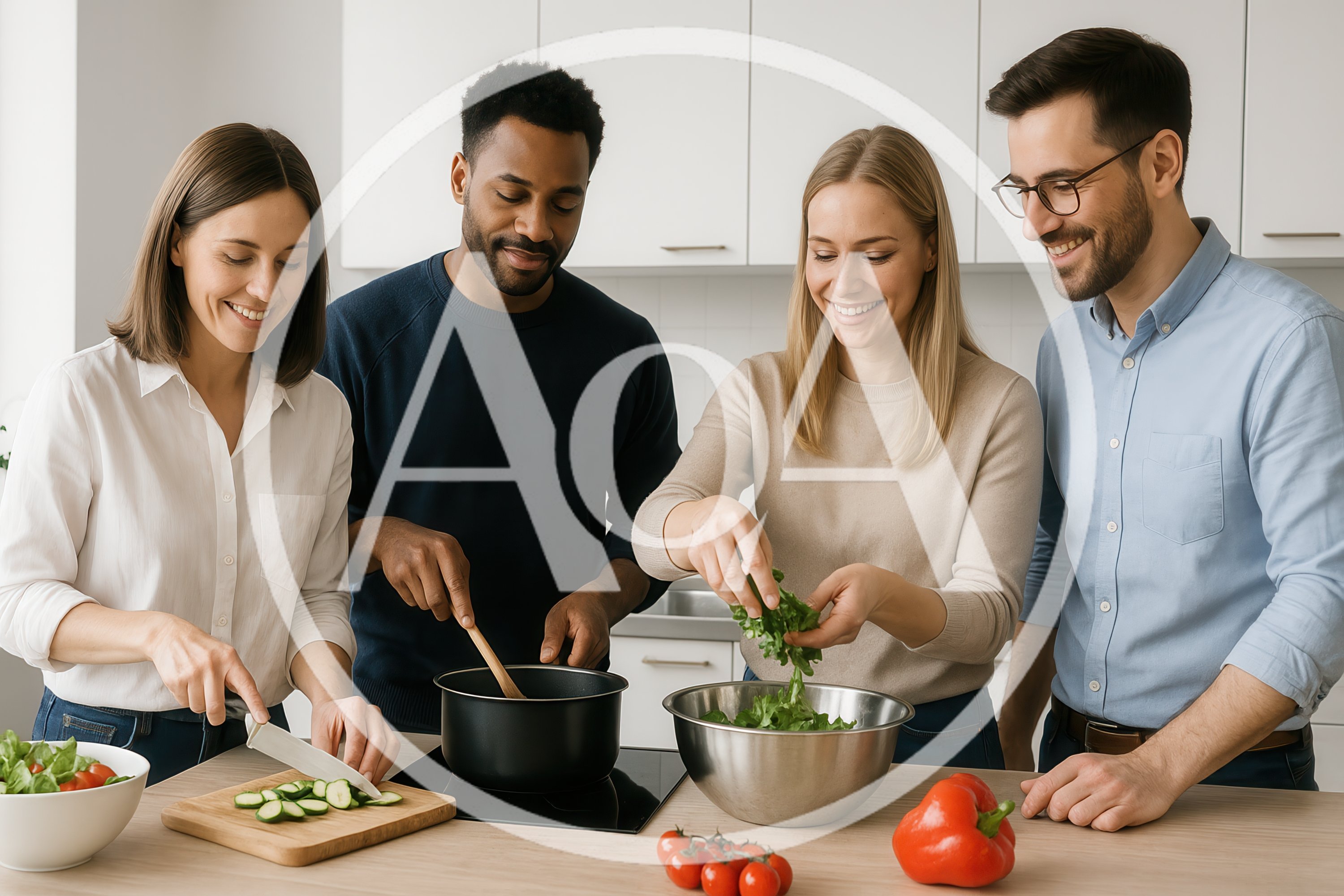 Diverse Friends Cooking Healthy Meal Together In Kitchen