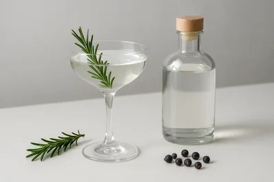 Gin Cocktail With Rosemary Garnish And Juniper Berries