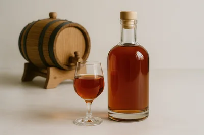 Glass Bottle And Glass Of Whiskey With Wooden Barrel