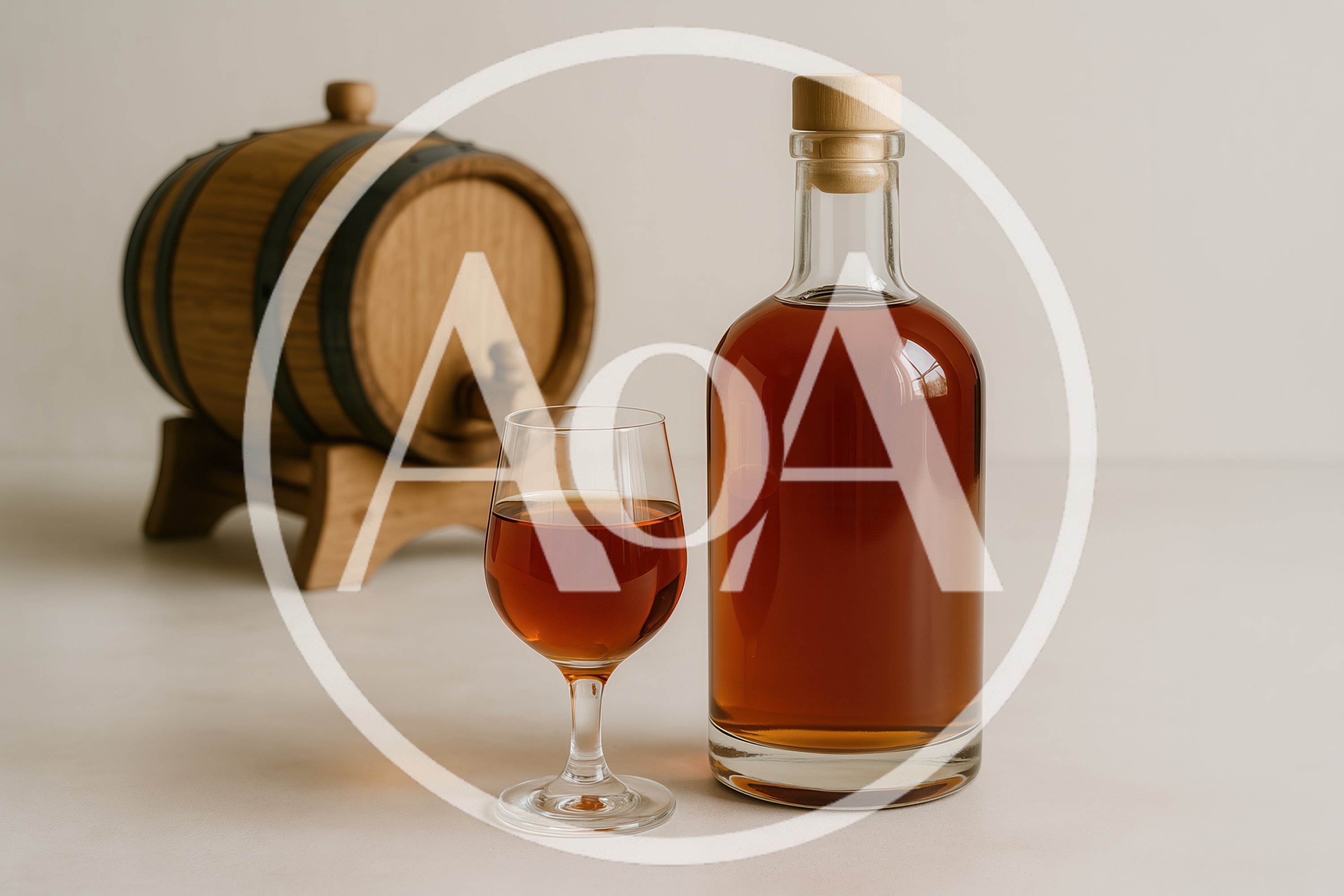Glass Bottle And Glass Of Whiskey With Wooden Barrel