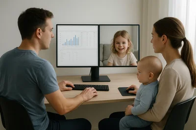 Family Video Calling With Daughter On Dual Monitors