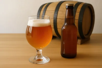 Glass Of Beer And Bottle With Wooden Barrel