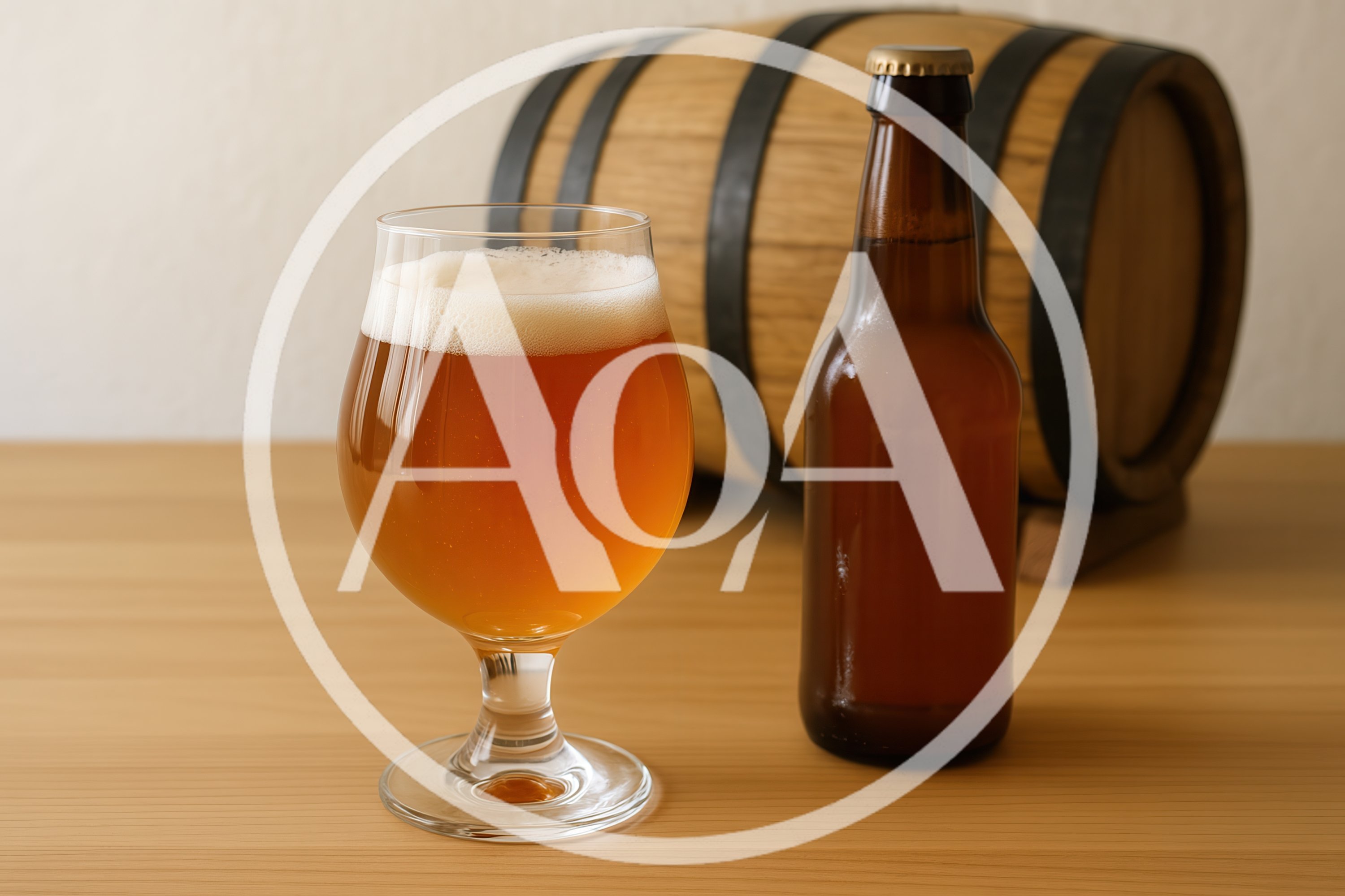 Glass Of Beer And Bottle With Wooden Barrel
