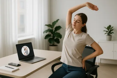 Woman Stretching At Desk During Office Work Break