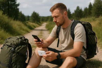 Hiker Using Portable Wi-Fi Hotspot On Forest Trail