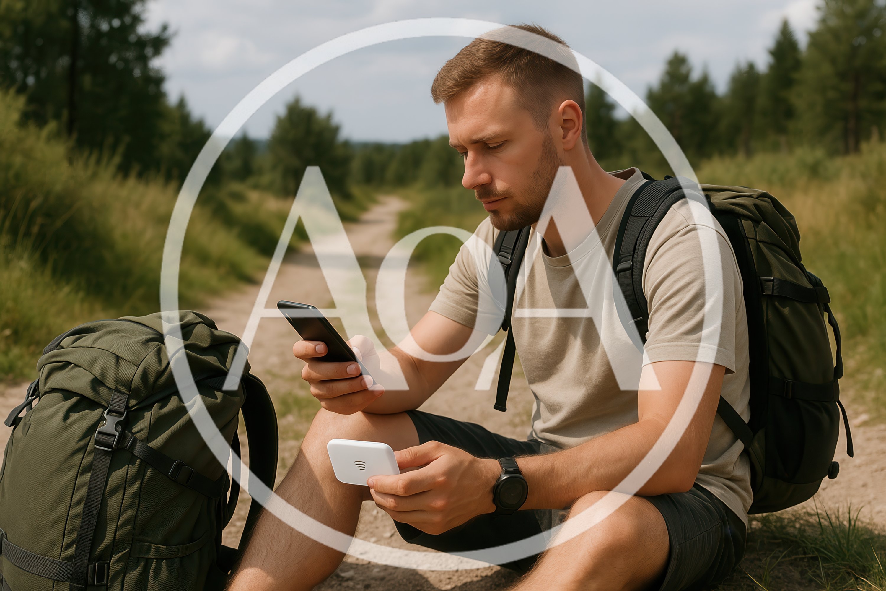 Hiker Using Portable Wi-Fi Hotspot On Forest Trail