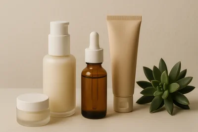 Skincare Product Bottles And Succulent Plant