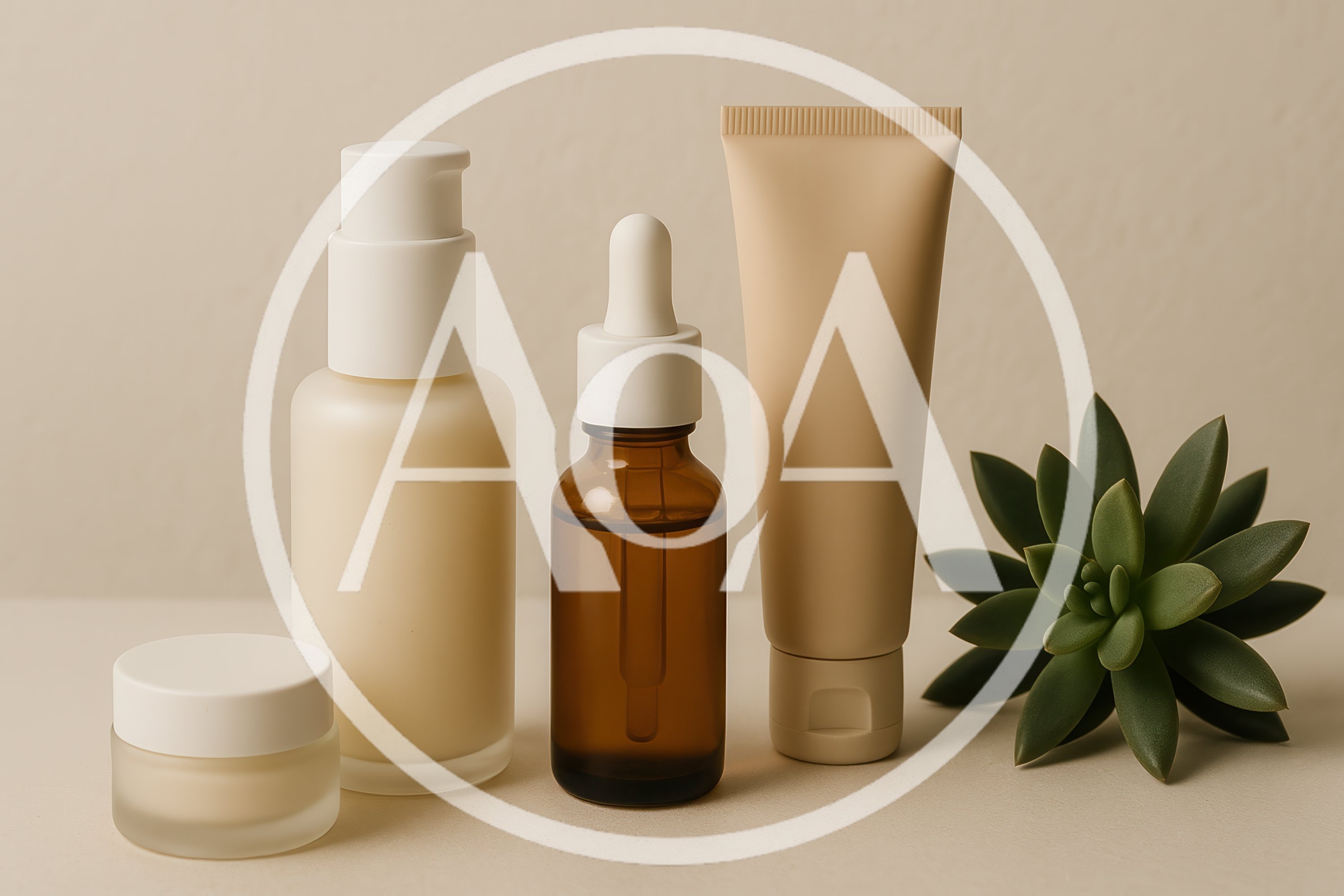 Skincare Product Bottles And Succulent Plant