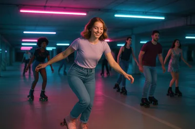 Group of Friends Roller Skating in Neon Lit Parking Garage