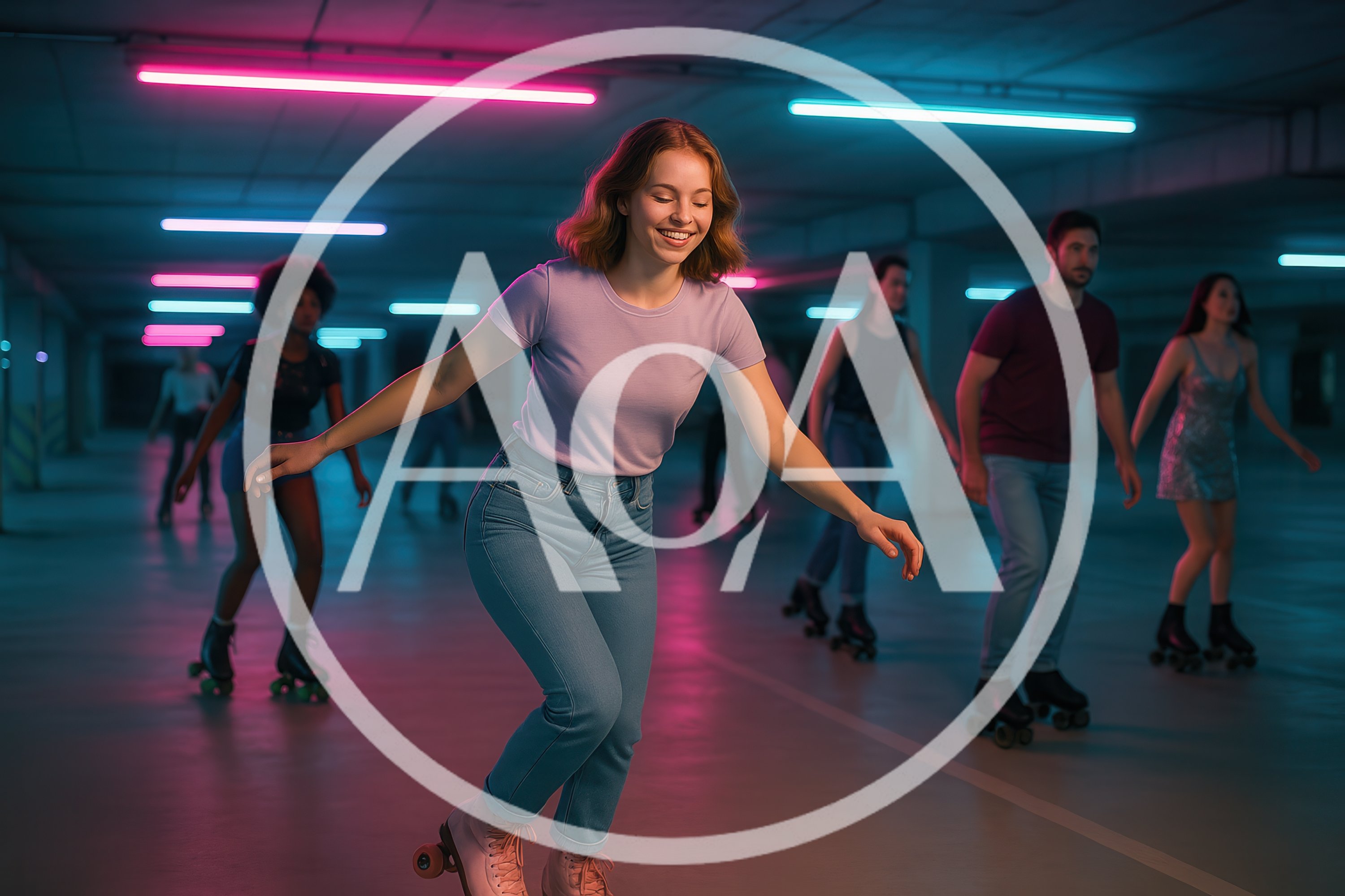 Group of Friends Roller Skating in Neon Lit Parking Garage