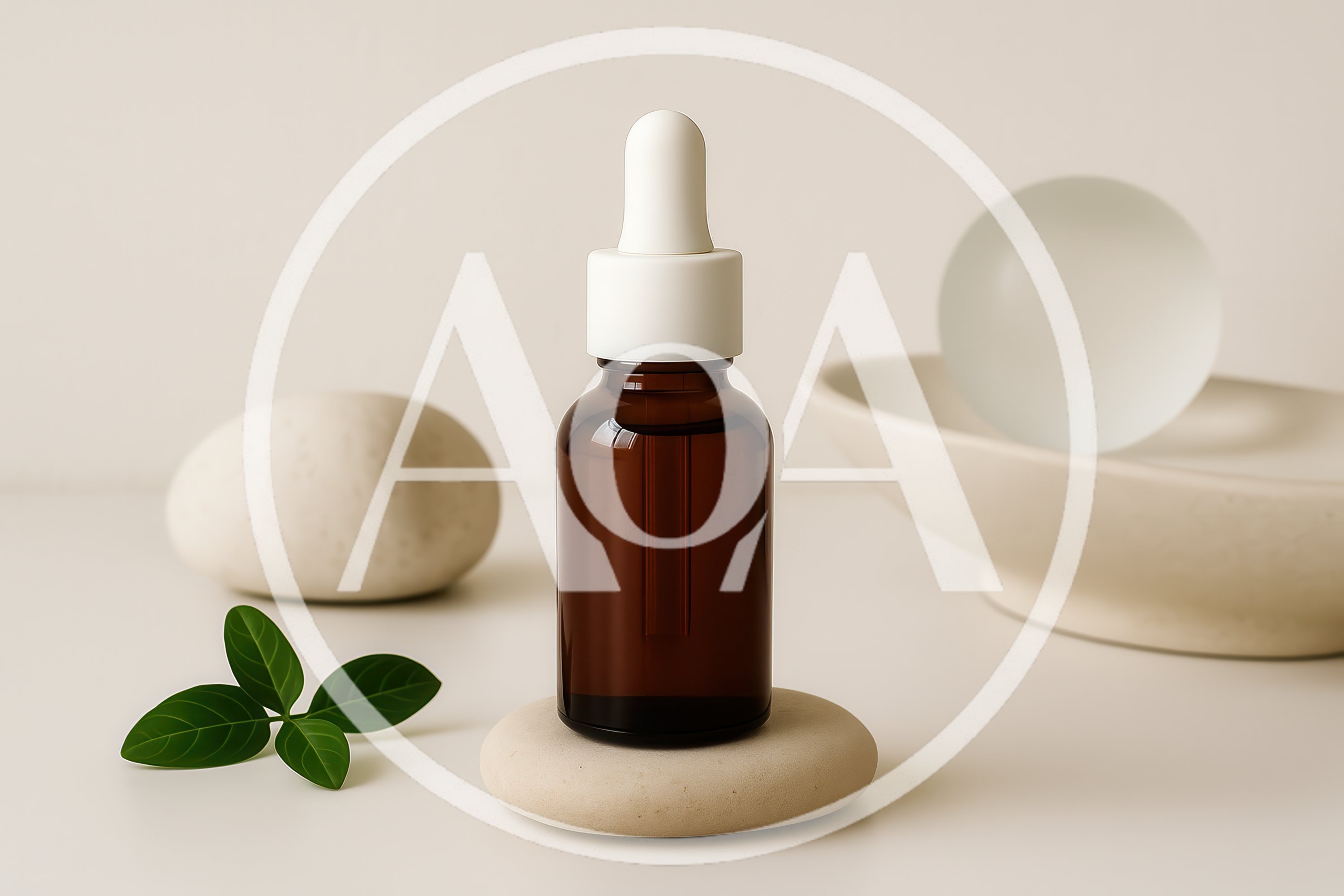 Amber Glass Dropper Bottle on Stone Pedestal