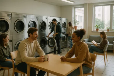 Diverse People Socializing in a Modern Laundromat