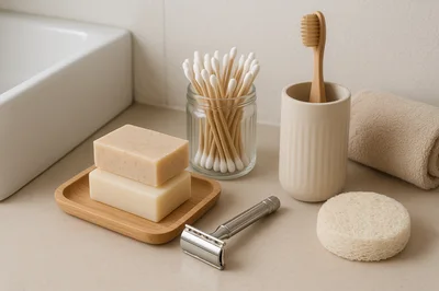 Zero Waste Bathroom Essentials on Countertop