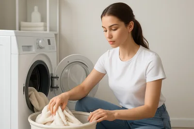 Young Woman Loading Laundry Into Washing Machine