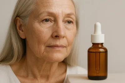 Senior Woman Looking At Skincare Serum Bottle