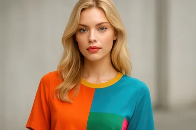 Portrait Of A Young Blonde Woman In Colorful Shirt