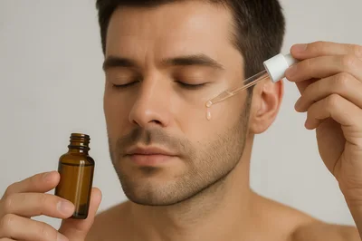 Man Applying Facial Serum With Dropper