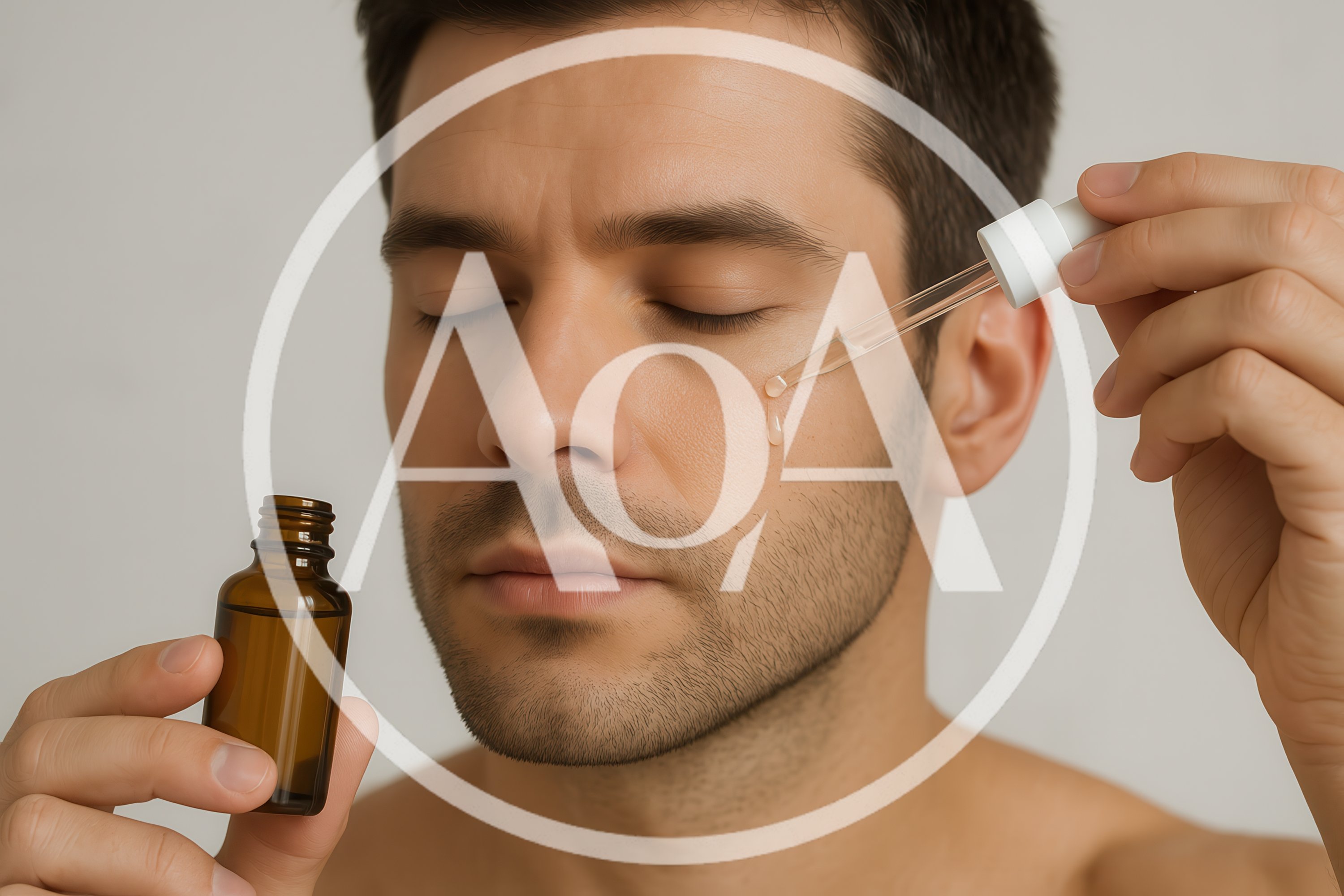 Man Applying Facial Serum With Dropper