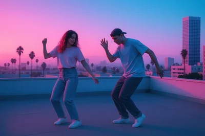 Young Couple Dancing on Rooftop at Sunset