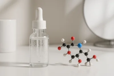Skincare Serum Bottle With Molecular Model On White Table