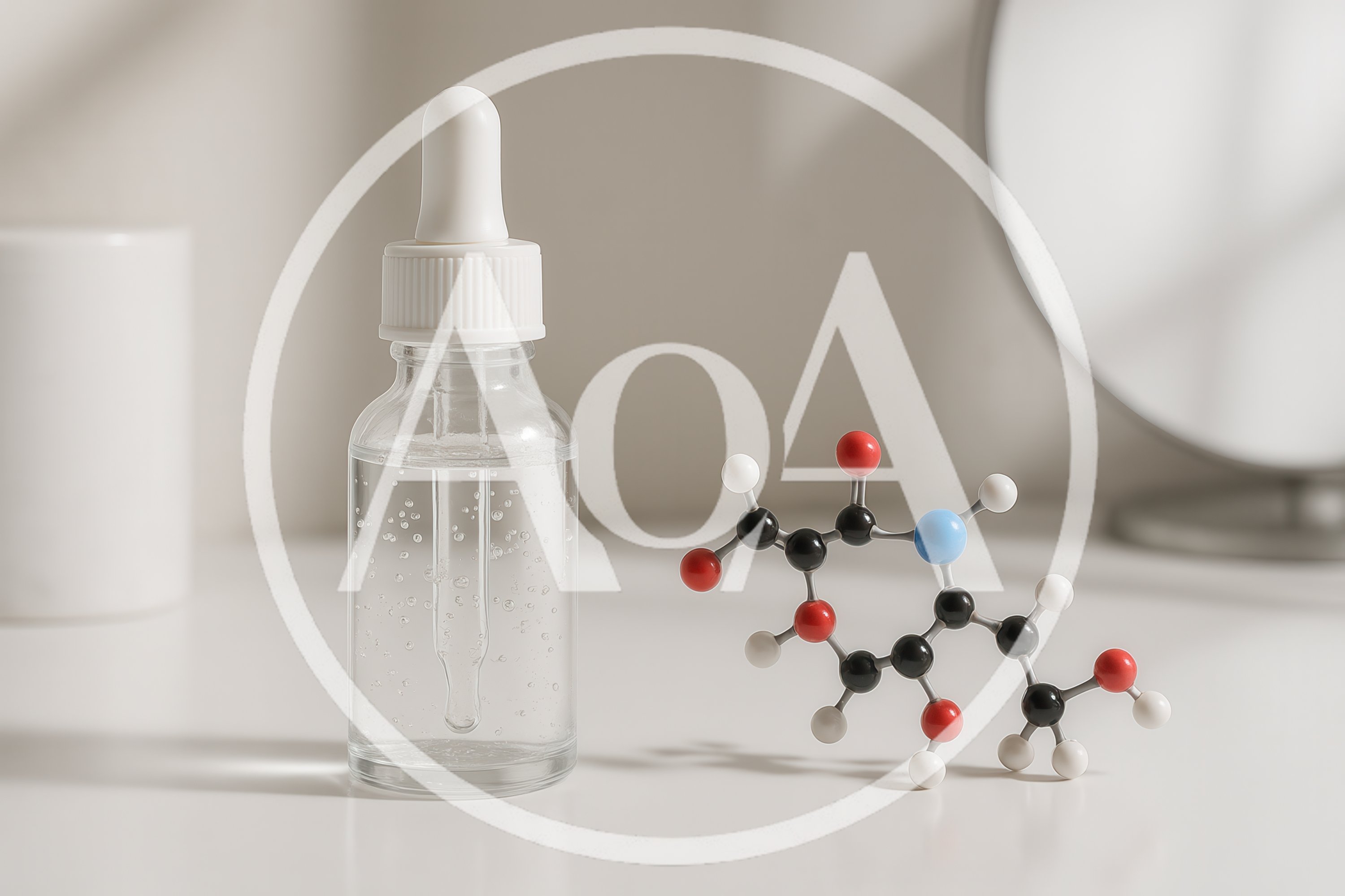 Skincare Serum Bottle With Molecular Model On White Table