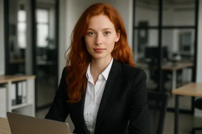 Professional Redheaded Businesswoman Working At Office Desk
