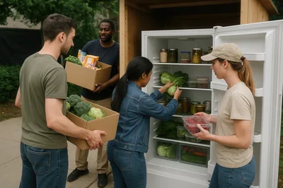 Diverse Volunteers Organizing Food In Community Fridge