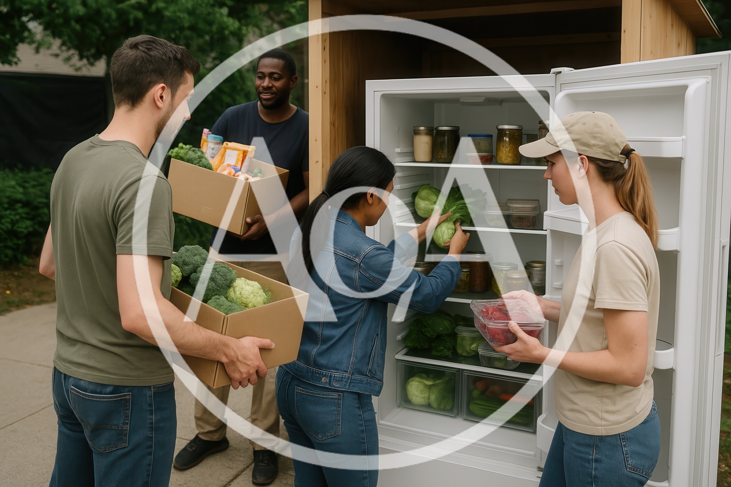 Diverse Volunteers Organizing Food In Community Fridge