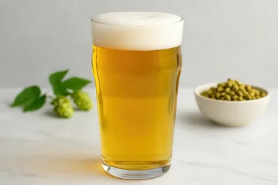 Pint Of Golden Beer With Hops On Marble Surface