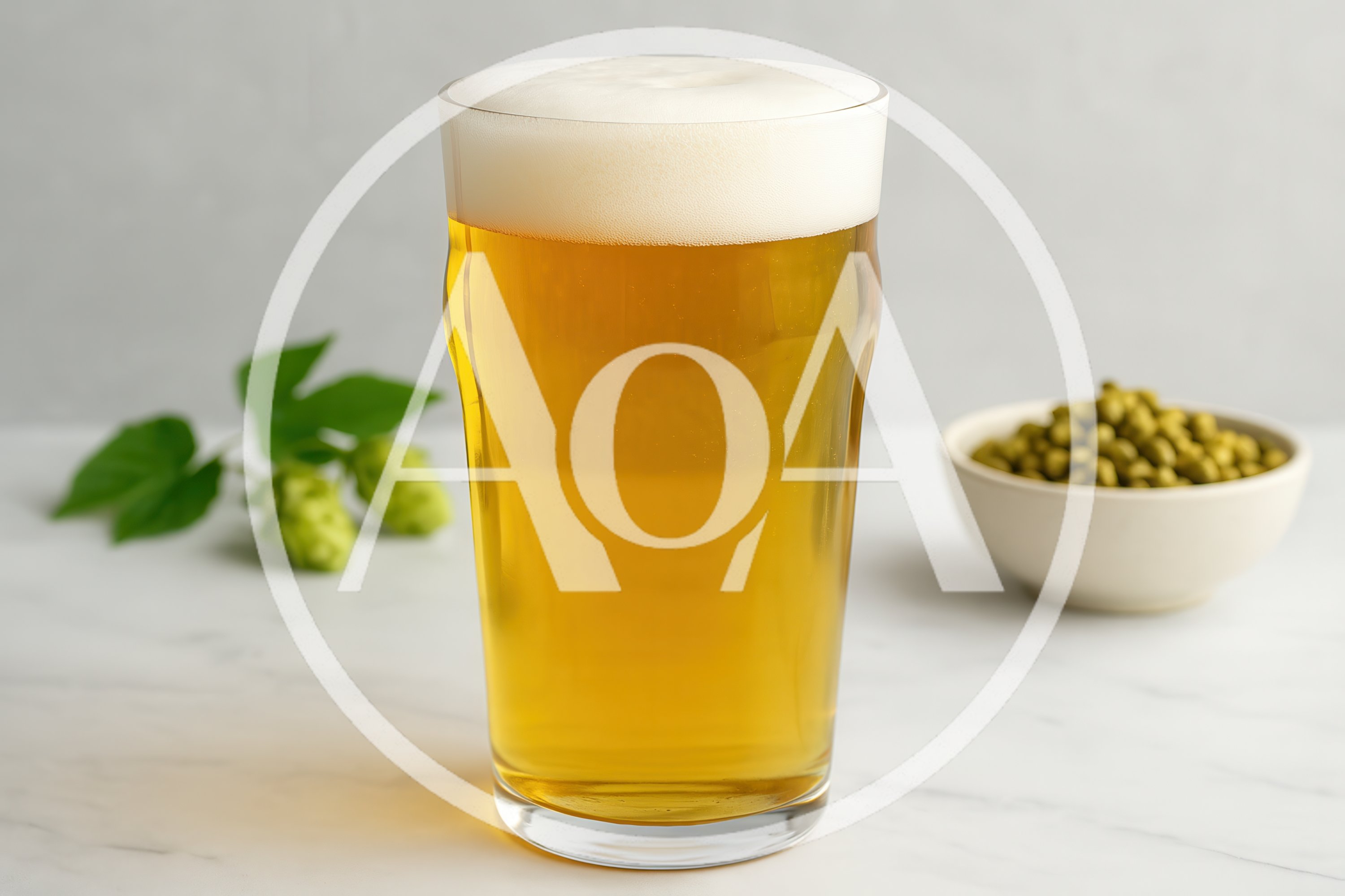 Pint Of Golden Beer With Hops On Marble Surface