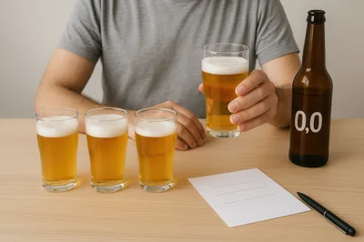 Man Tasting Non-Alcoholic Beer Samples at a Table